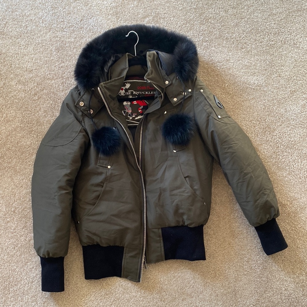 Moose Knuckles Debbie Hooded Shearling Trim Bomber Down Coat
